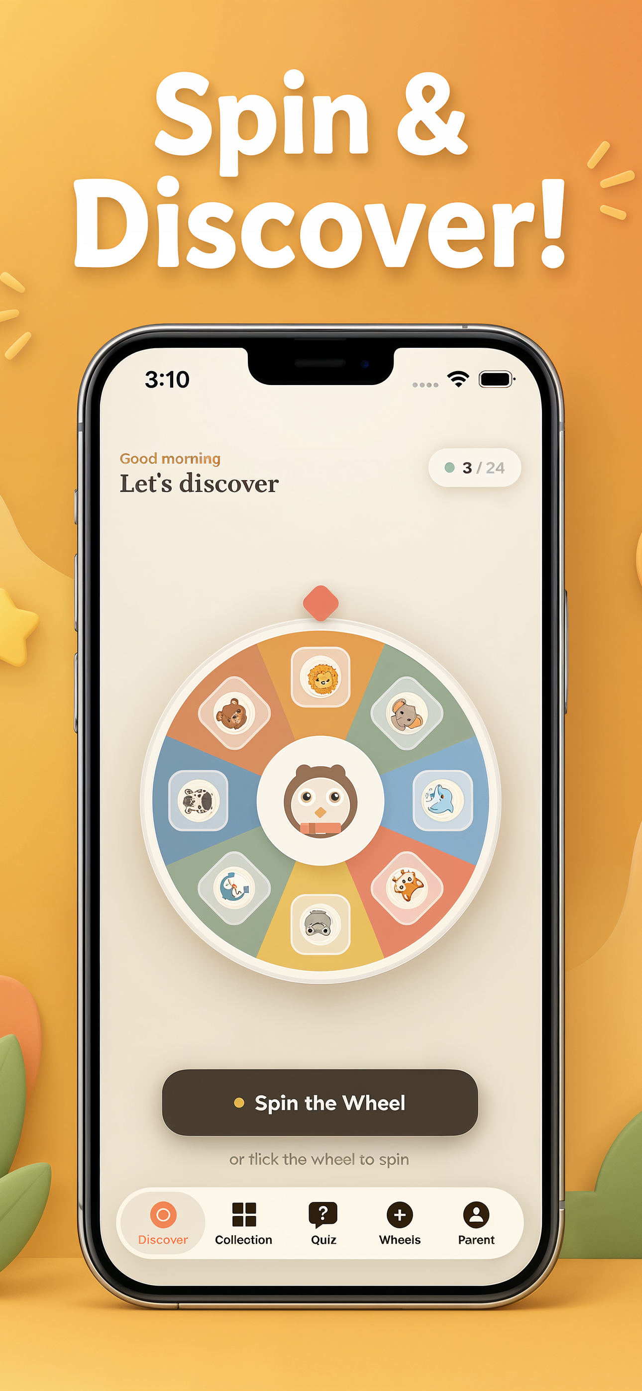 Spin the wheel to discover animals